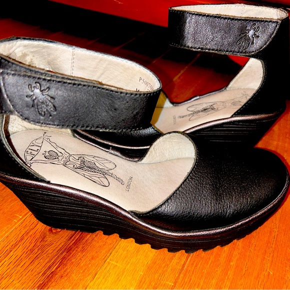 Fly London Ankle Strap Wedge 
Black Leather - Picture 2 of 5